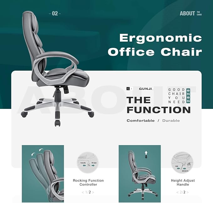 GUNJI Office Chair PU Leather High Back Executive Chair Ergonomic Computer Chair, Modern Adjustable Home Desk Chair Swivel Managerial Chair with Padded Armrests and Lumbar Support (Gray)