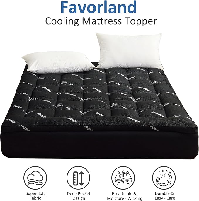 Favorland Mattress Topper Twin Size - Cooling Extra Thick Breathable Viscose Made from Bamboo Mattress pad - Soft Quilted Fitted Mattress Cover with 900 GSM Down Alternative Fill (8-21”Deep Pocket)
