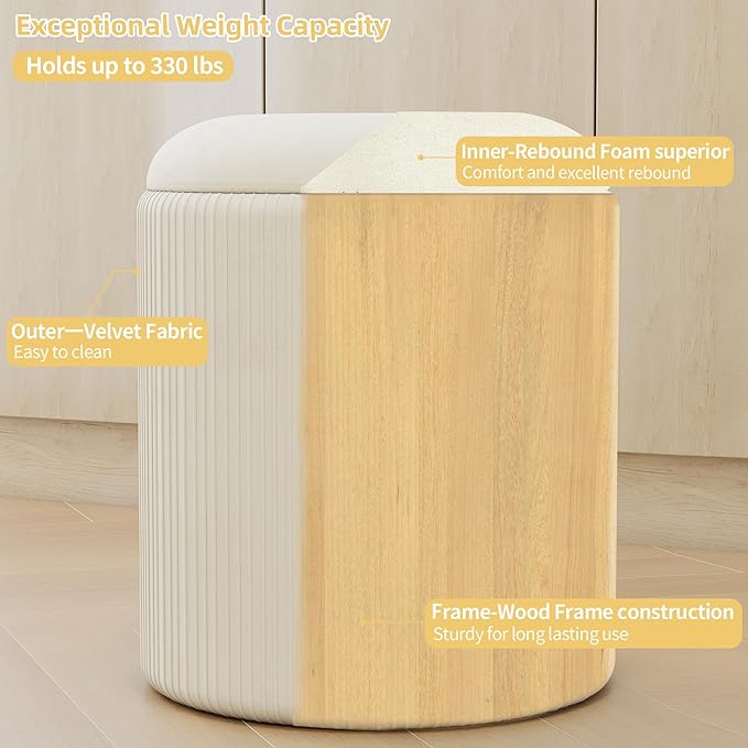 Twira Round Ottoman with Storage Set of 2, Velvet Nesting Ottoman for Living Room,Bedroom,Dorm,RV, Flip-up Lid Coffee Table, Upholstered Makeup Vanity Stool,Multifunctional Foot Rest 330lbs Load Beige