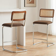 Natural Rattan Counter Height Stools Set of 2 with Solid Wood Back, 24 Inch Mid Century Modern Cesca Bar Stools, Brown Upholstery Boho Stool for Kitchen Counter with Chrome Metal Legs