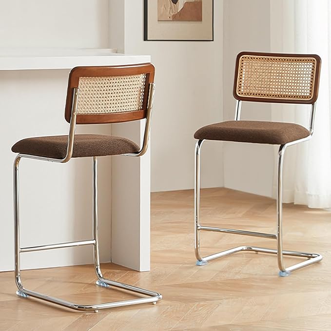 Natural Rattan Counter Height Stools Set of 2 with Solid Wood Back, 24 Inch Mid Century Modern Cesca Bar Stools, Brown Upholstery Boho Stool for Kitchen Counter with Chrome Metal Legs