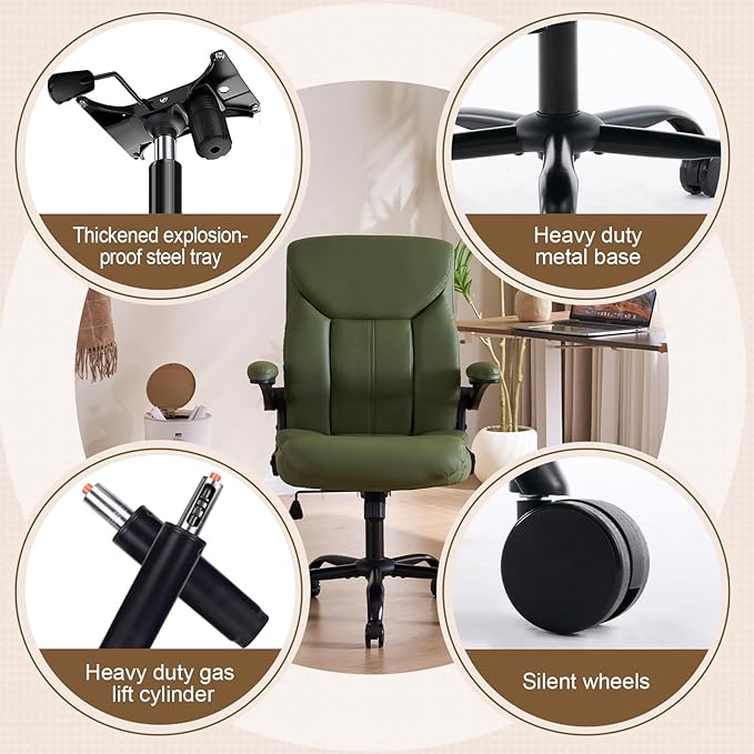 Office Chair, Ergonomic Computer Chair with Flip-up Arms Home Desk Chairs Comfy PU Leather Executive Mid Back Support Adjustable Height Tilt Lock Swivel Rolling Wheels, Green
