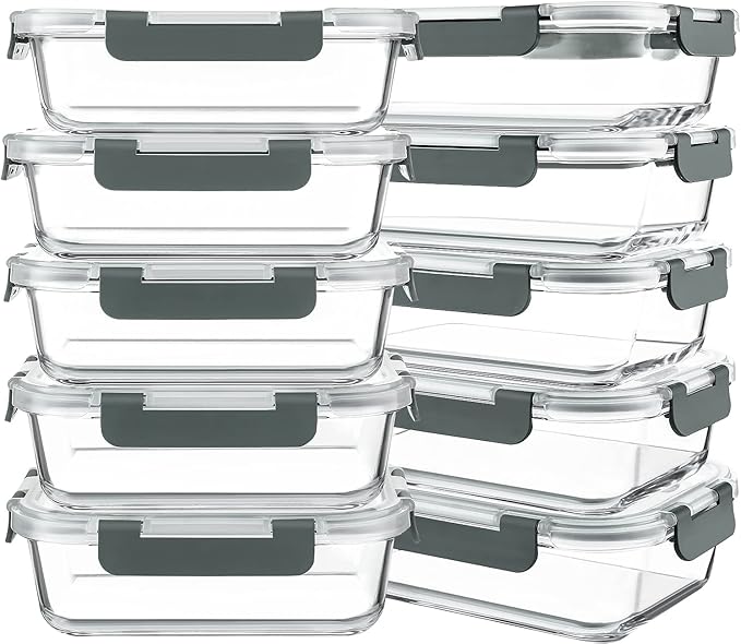KOMUEE 10 Packs 30 oz Glass Meal Prep Containers,Glass Food Storage Containers with Lids,Airtight Lunch Bento Boxes,Microwave,Freezer and Dishwasher,Gray