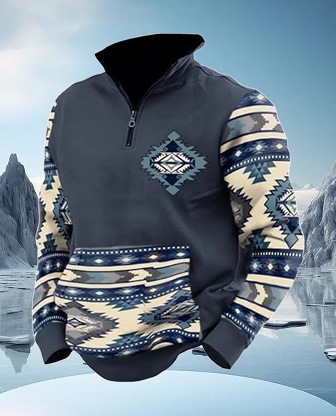 Western Sweatshirts for Men Aztec Cowboy Vintage Graphic Fleece Hoodie Mens Quarter Zip Pullover Country Jacket