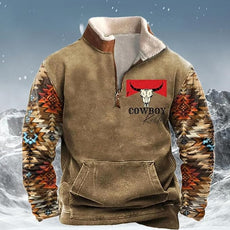 Western Sweatshirts for Men Aztec Cowboy Vintage Graphic Fleece Hoodie Mens Quarter Zip Pullover Country Jacket