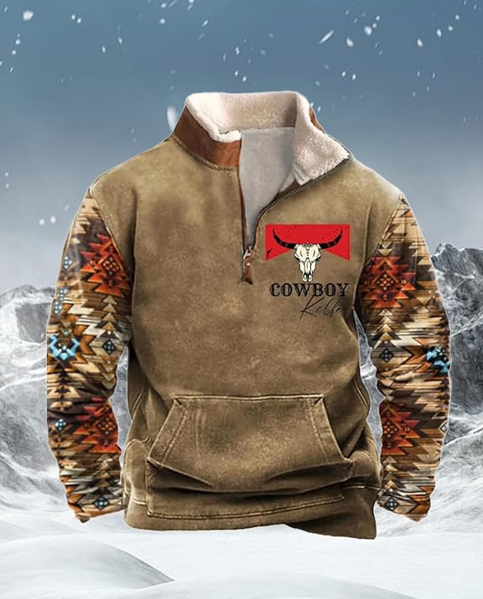 Western Sweatshirts for Men Aztec Cowboy Vintage Graphic Fleece Hoodie Mens Quarter Zip Pullover Country Jacket
