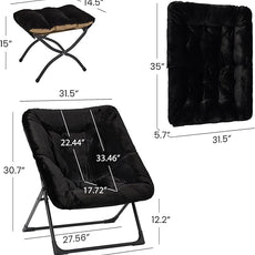 Comfy Saucer Chair for Adults, Soft Faux Fur Bedroom Chair with Ottoman, Accent Dorm Chairs, Living Room Reading Chairs and Footstool, Folding Lounge Seat for Teens, X-Large, Black