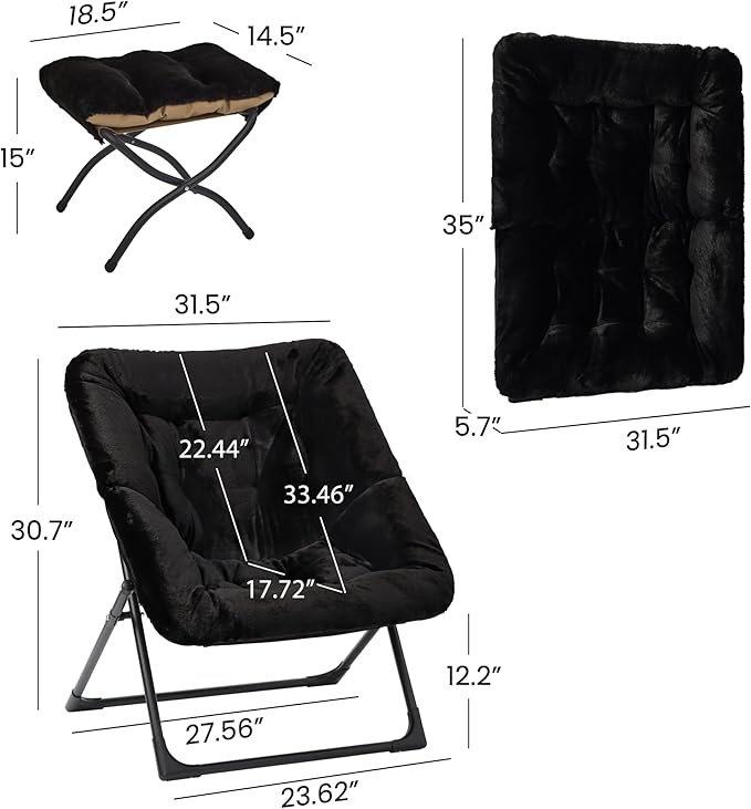 Comfy Saucer Chair for Adults, Soft Faux Fur Bedroom Chair with Ottoman, Accent Dorm Chairs, Living Room Reading Chairs and Footstool, Folding Lounge Seat for Teens, X-Large, Black