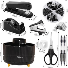 SKYDUE Black Office Supplies, Black Office Desk Accessories 10PCS, Pencil Holder for Desk, Stapler, Tape Dispenser, Scissors, Ruler, Clips and 1000pcs Staples, Desk Supplies Set