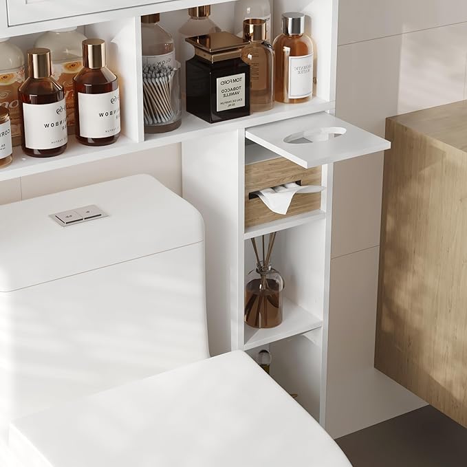 MHOM 67.8" H Over The Toilet Storage Cabinet with Adjustable Shelves & Toilet Paper Holder, Farmhouse Over Toilet Bathroom Organizer, Double Door Toilet Cabinet for Bathroom, and Laundry, White