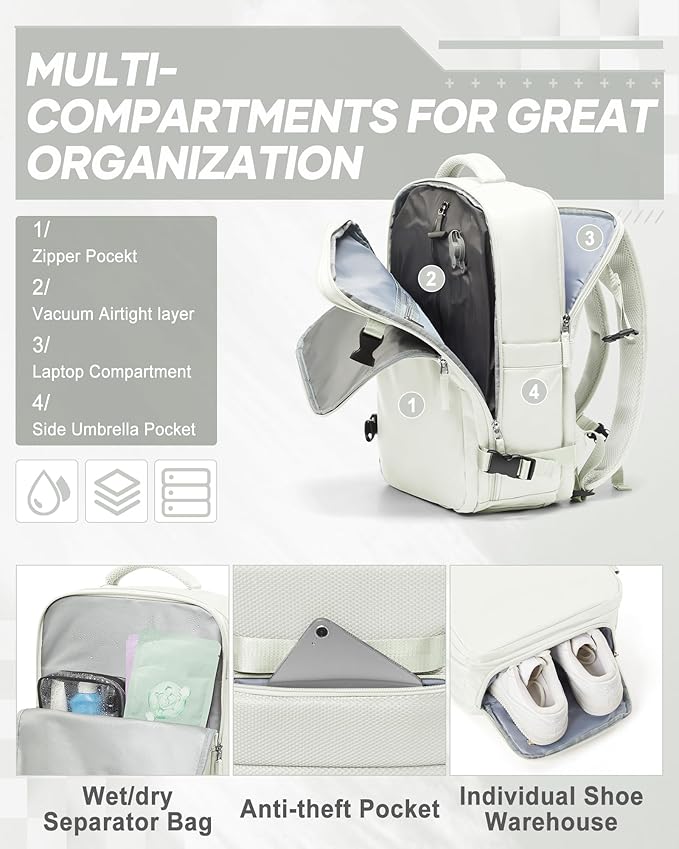 suwasp Vacuum Compression Backpack, 45L Expandable Travel Backpack with Electric Vacpack Pump, Travel Vacuum Bags with Shoe Compartment/17inch Laptop Compartment/USB Port, White