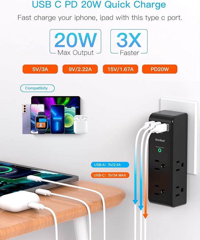 PD 20W Surge Protector Outlet Extender, Rotating Plug, One Beat 6 AC Multi Plug Outlet with 3 USB Ports (1 USB C), 1800J 3-Sided Swivel Power Strip Spaced Outlet Splitter for Home Office Dorm - Black