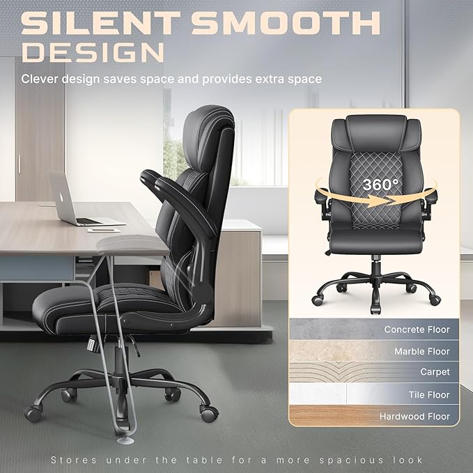 Office Chair, Ergonomic Big and Tall Executive Desk Chair, Breathable Leather Chair with Adjustable Flip-up Armrests, Lumbar Support Swivel Computer Chair with Rocking Function(Black)