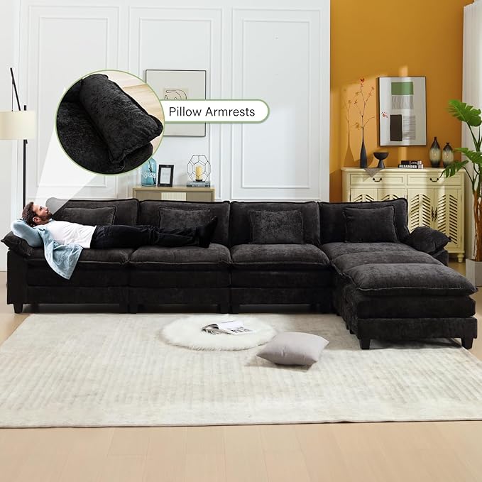 154" Modular Sectional Sofa, Comfy Cloud Couch Sectional Sofa with Ottoman, Chenille Sofa Sleeper Deep Seat Sofa with Throw Pillows for Living Room (Black, 154"- U Shape)