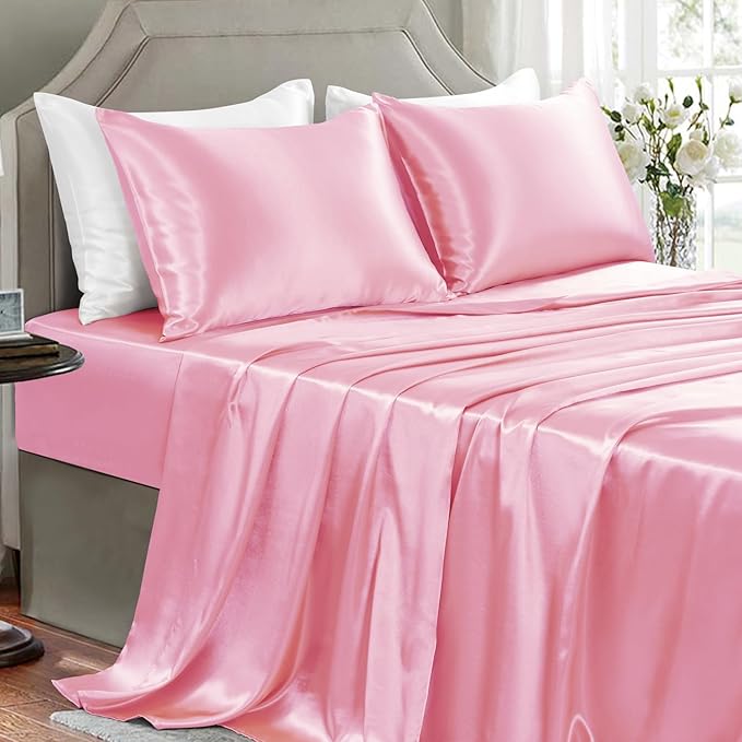 Satin Sheets King Size - 4 Pieces Luxury Silky Soft Bed Sheets, Wrinkle-Free Light Pink Satin Silk Sheet Set with 1 Deep Pocket Fitted Sheet, 1 Flat Sheet, 2 Pillow Cases
