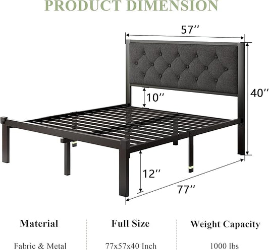 Feonase Full Size Metal Bed Frame, Heavy-Duty Platform Bed Frame with Linen Upholstered Headboard, 12" Storage Space, Steel Slats Support, No Box Spring Needed, Gray