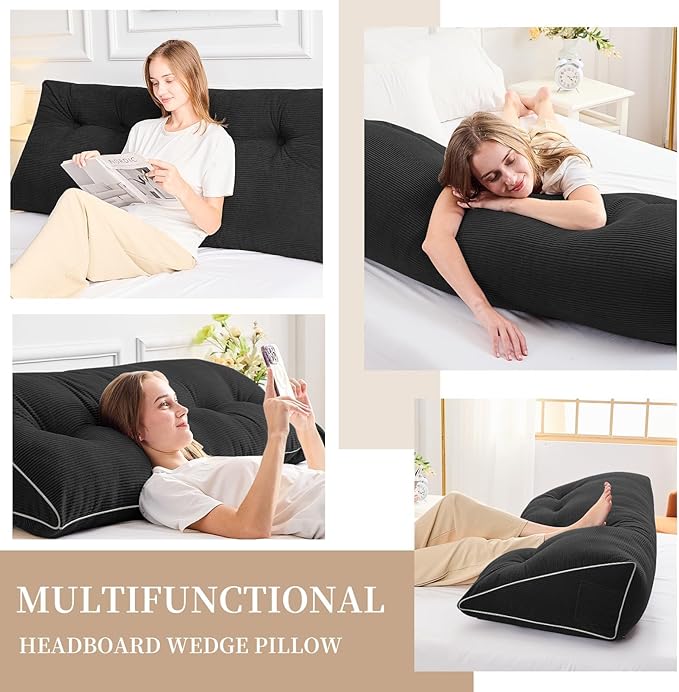 Sasttie Headboard Pillow Full, Wedge Pillow Headboard for Sitting Up in Bed, Back-Rest Support Triangular Cushion for Reading - Features Removable Washable Cover, Black