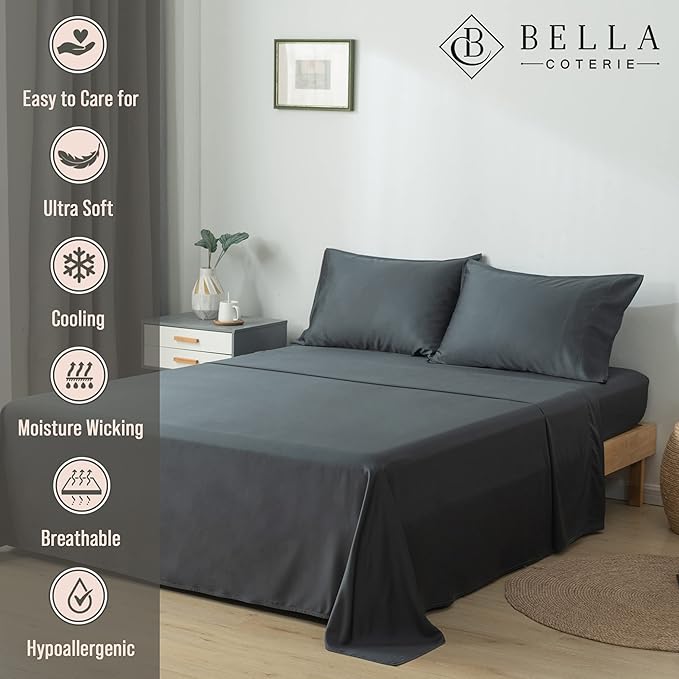 Bella Coterie Luxury Bamboo Viscose Split King Size Sheet Set | 2 Fitted Sheets for Sleep Number & Adjustable Beds | 100% Organically Grown | Cooling & Ultra Soft | 18” Deep Pocket [Charcoal Grey]