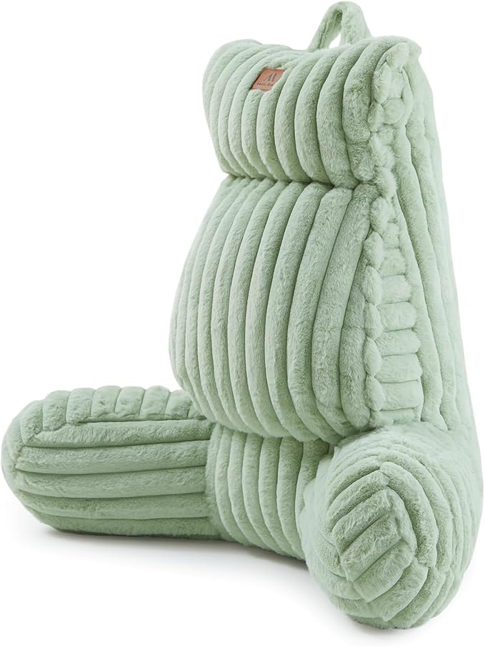 Amélie Home Faux Fur Reading Pillow with Pocket for Sitting in Bed, Adult Backrest Bed Pillow with Washable Cover for Lounging, Study & Relaxing, Sage Green 25 inches
