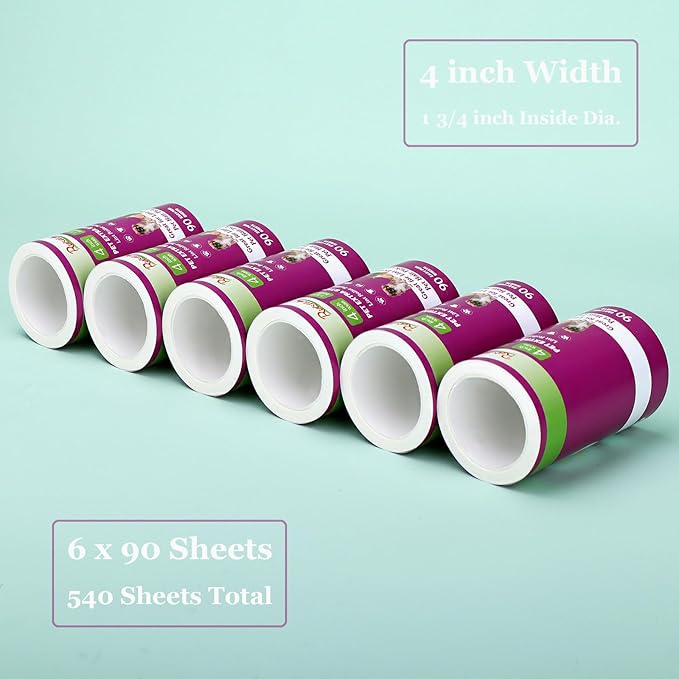 4 inch Lint Roller Refills Only Compatible with Scotch-Brite Pet Hair Pickup Extra Sticky Lint Roller for Couches Clothes and More 90 Sheets per Refill 6 Pack 540 Easy-Tear Adhesive Sheets Total
