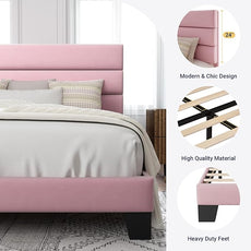 Allewie Full Size Platform Bed Frame with Velvet Upholstered Headboard and Wooden Slats Support, Fully Upholstered Mattress Foundation/No Box Spring Needed/Easy Assembly, Pink