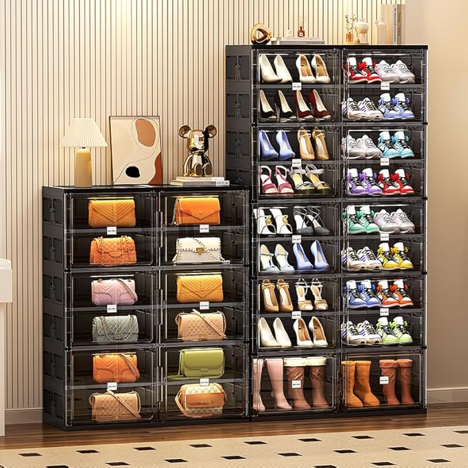 JEKO&JEKO 7 Tiers Foldable Boot Storage Shoe Rack Cabinet for Closet Entryway, Large Collapsible Shoe Organizer with Magnetic Doors (Black)