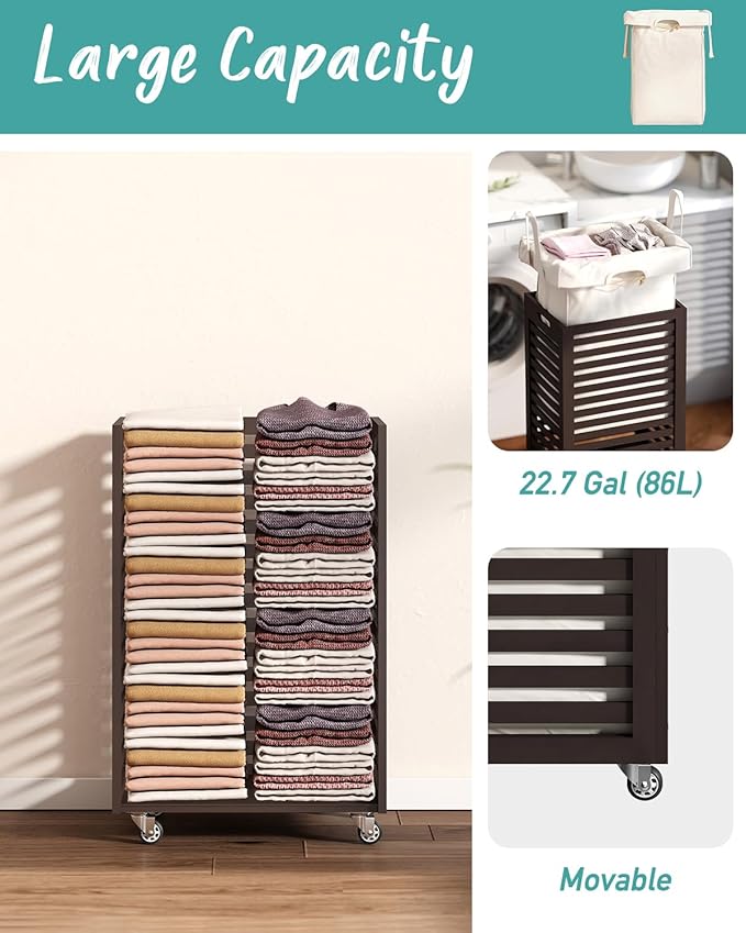 Laundry Hamper with Wheels, 22.7 Gallon (86L) Bamboo Wood Clothes Laundry Basket with Handles, Removable Liner