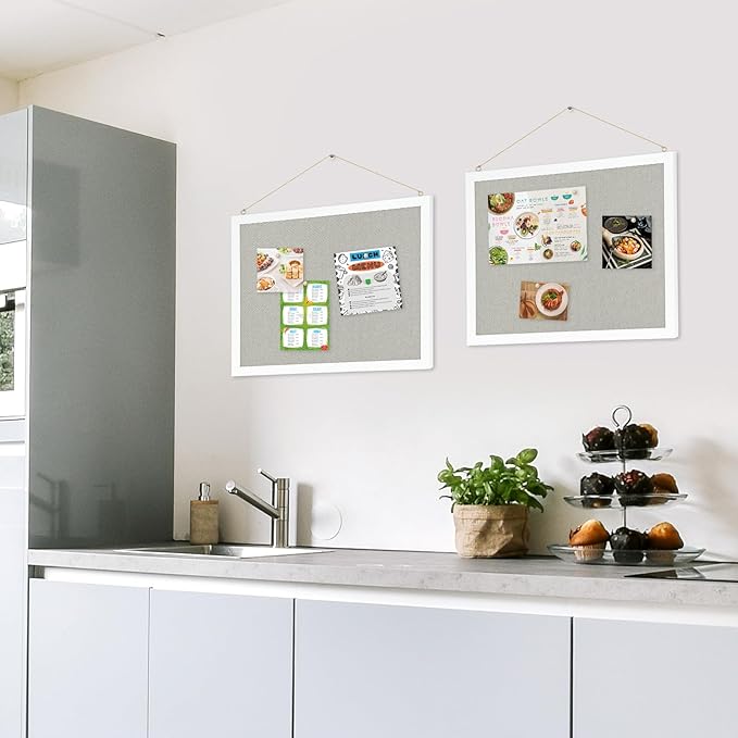 2-Pack Double-Sided Cork Board with Linen, 16" x 12" Hanging Wood Framed Bulletin Board, Picture Display Vision Board Kit Corkboards for Wall School Office Decor, 20 Pushpins (Vintage White)