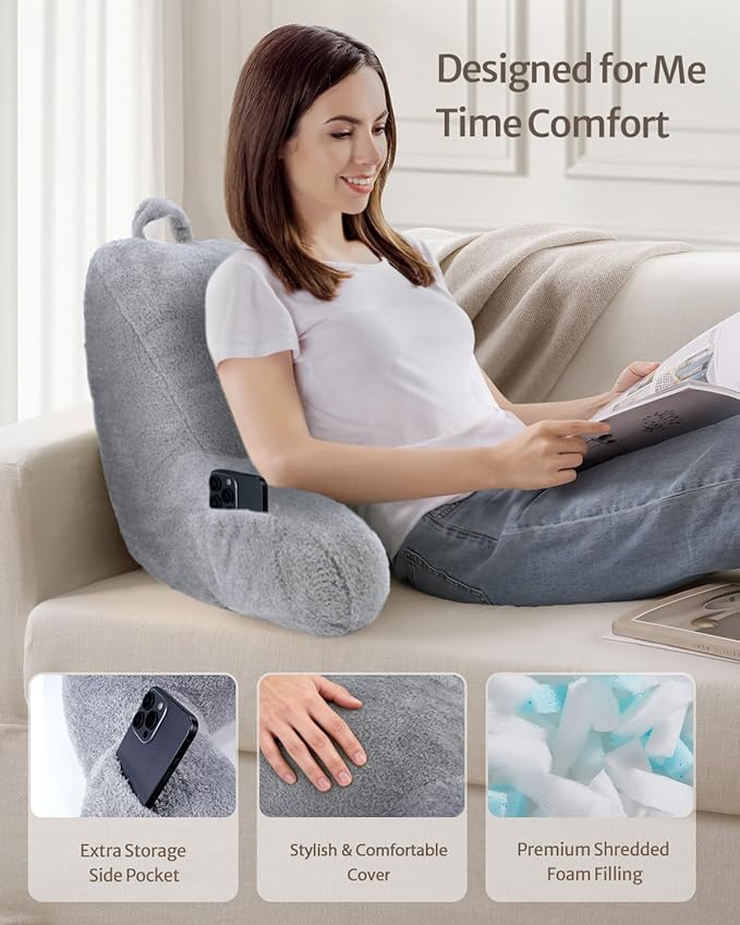 Blissful Diary Plush Velvet Reading Pillow for Kids/Teens/Adults, Back Rest Pillow for Sitting Up in Bed with Shredded Memory Foam, Includes Arms and Washable Cover, Light Gray