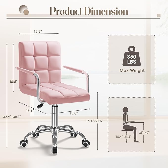 Furmax Mid-Back Office Task Chair Ribbed PU Leather Executive Chair Modern Adjustable Home Desk Retro Comfortable Work Chair 360 Degree Swivel with Arms (Light Pink)