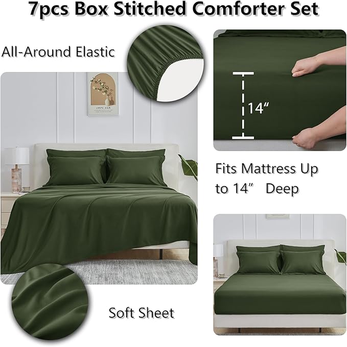 CozyLux Queen Comforter Set Olive Green - 7 Pieces Bed in a Bag Queen, All Season Breathable Bedding Sets,Oeko-Tex Certified Bed Set with Down Alternative Comforter, Sheets, Pillowcases & Pillow shams