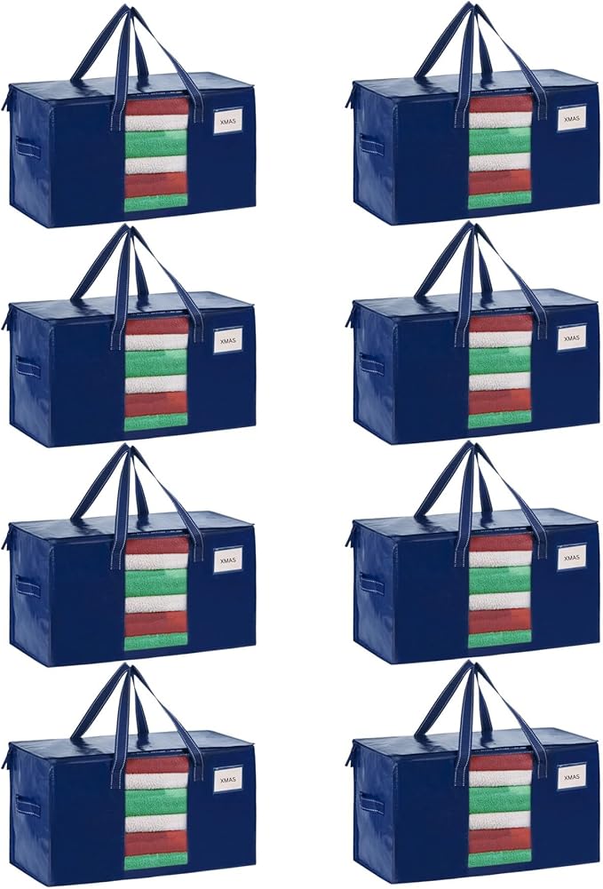 VENO 8 Pack Moving Bags, Christmas Storage Bins, Moving Boxes Alternative, Comforter and Blanket Storage Bags, College Dorm Packing Supplies, Foldable Heavy-Duty Tote with Window (Blue, 8 Pack)