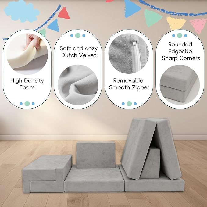 Play Couch Comfy Modular Sofa Futon Set, Convertible Folding Memory Foam Couches Versatile Floor Cushion Fort Set for Living Room Playroom Furniture (Grey)