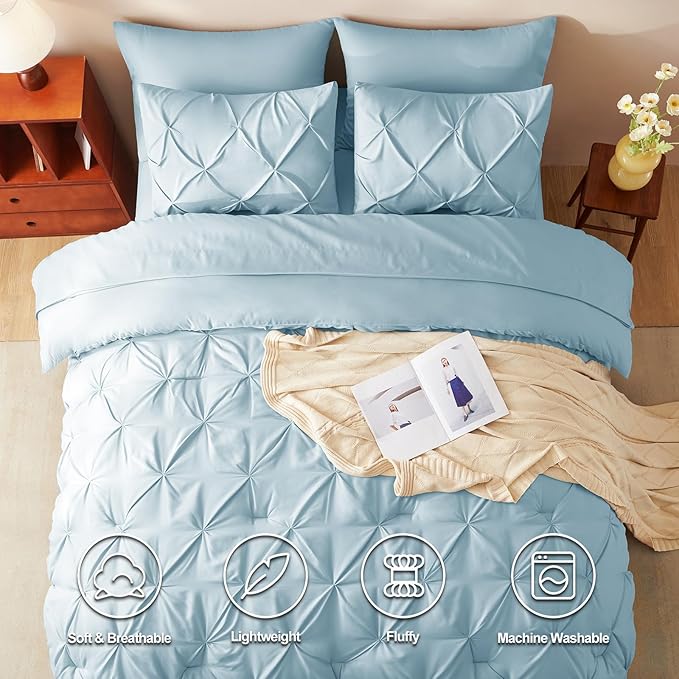 CozyLux Full Size Comforter Sets Light Blue, 7 Pieces Pintuck Bed in A Bag Blue Comforter Full Size, Pinch Pleat Bedding Sets with All Season Comforter, Sheets, Pillowcases & Shams