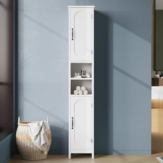 67" Tall Bathroom Storage Cabinet with Lights, Slim Narrow Bathroom Cabinet Organizer with Doors and Adjustable Shelves, Tall Cabinet for Small Space (66.9" Tall-White with Light, 1 Pack)