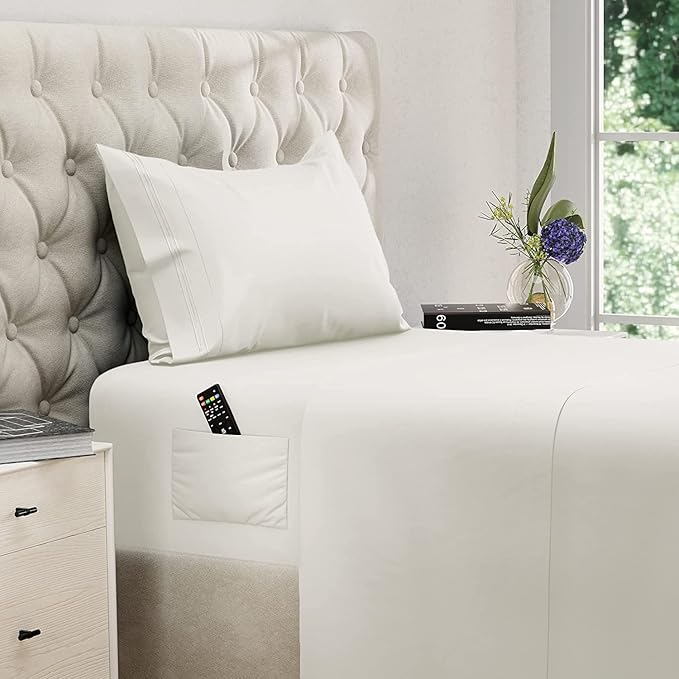 DREAMCARE Twin XL Sheet Sets – 3pcs Cooling Sheets – up to 15” Deep Pocket Twin XL Sheets Set – Hotel Luxury Sheets & Pillowcases – Superior Softness 100% Fine Microfiber with Side Pocket – Ivory DREAMCARE