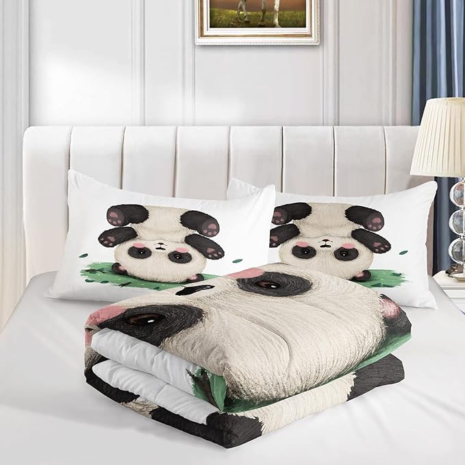 CVHOUSE Panda Bedding - Queen Size, Cute Panda Comforter & 2 Pillow Cases - 3 Piece Set