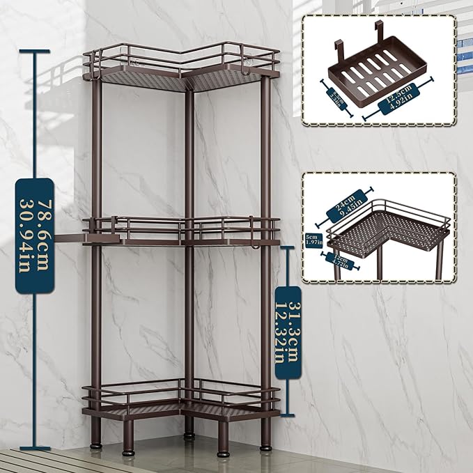 Consumest Corner Shower Caddy Standing - 3-Tier Stainless Steel Shower Organizer with Soap Holder and 4 Hooks, Large Capacity Corner Shelf Stand for Bathroom, Rest Room, Bronze