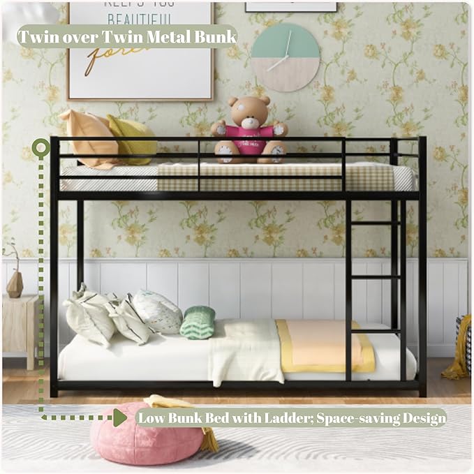 Twin Over Twin Bunk Bed, Low Bunk Bed with Ladder, Metal Bunk Bed with Guardrails, Heavy Duty Metal Bunk Bed Frame for Kids, Boys, Girls, Teens, Noisy Free, No Box Spring Needed， Black
