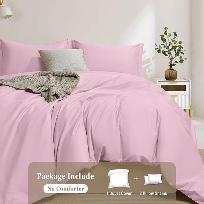 100-Percent Cotton Duvet Cover Set, Hidden Zipper Closure, Ultra Soft, Easy Care and Durable, Simple Bedding Style, Queen, Pastel Pink (Comforter Not Included)