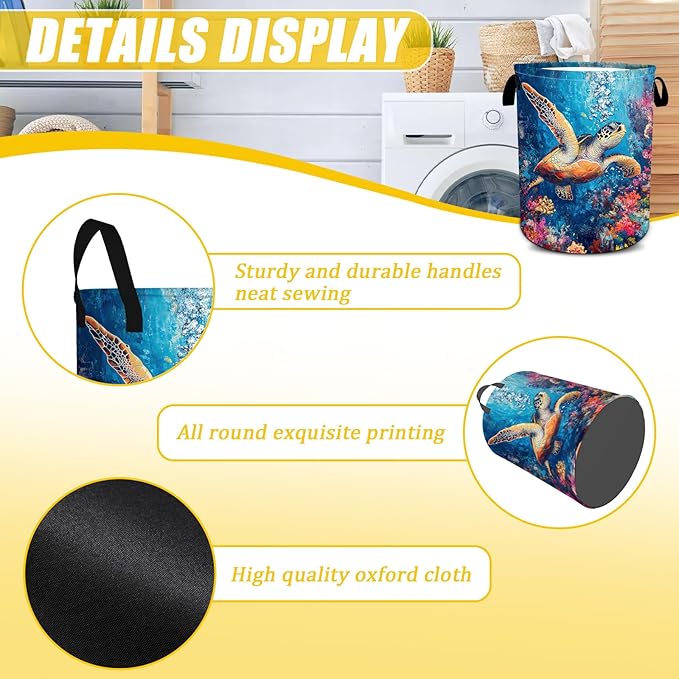 Colorful Sea Turtle Laundry Basket,Foldable Oxford Cloth Funny Tote Bag Laundry Hamper Clothes Storage Bucket Toy Organizer For Bathroom Laundry Storage Bedroom 18.9x16.5
