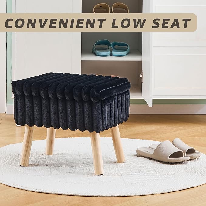 Wimarsbon Storage Ottoman,Soft Faux Fur Footstool with Padded Seat, Small Reading Vanity Chair, Footrest with Wood Tray for Couch, Mini Coffee Table or Display Stand (Black, Rectangular Storage)