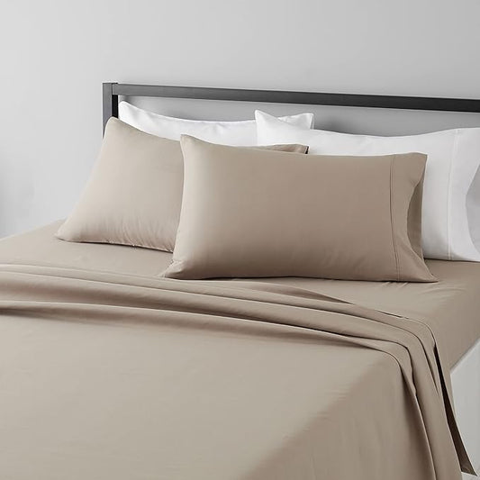 Amazon Basics Lightweight Super Soft Luxury Easy Care Wrinkle Free Microfiber 4 Piece Bed Sheet Set with 14-Inch Deep Pockets, Full, Taupe, Solid AmazonBasics