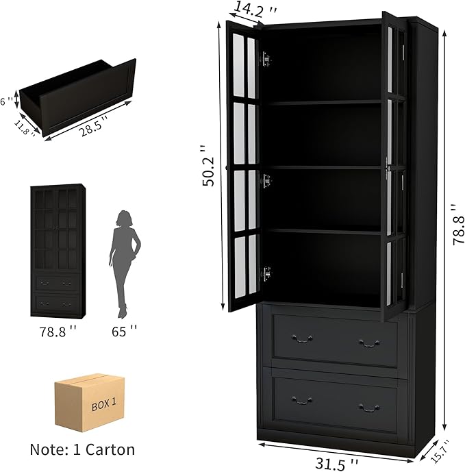 78.8" Tall Bookcase Display Storage Cabinet Hutch with Glass Doors & Drawers - Curio Display Bookshelf Kitchen Pantry for Home, Kitchen, Living Room.