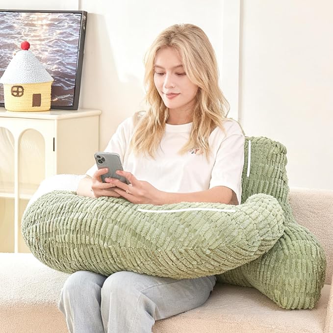 Back Pillow for Bed Sitting Up,U Shaped & Back Support Pillow for Bed,17" Backrest with Lumbar & Arm Support,Comfy Corduroy Fabric,Lap Pillow for Gaming/Reading/Watching TV,Green