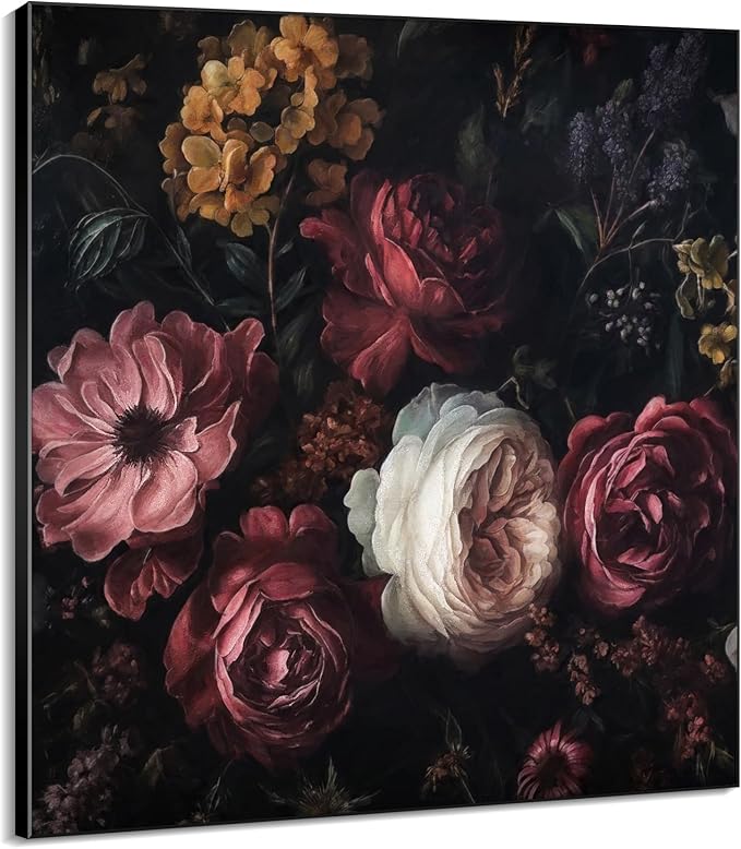 36"x36" Large Framed Wall Art - Vintage Dark Floral Romantic (Frame Assembly Required)