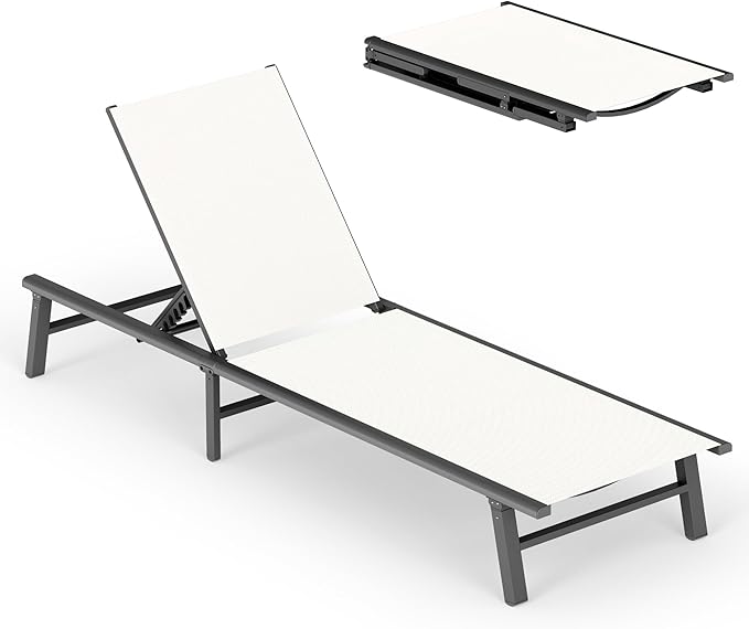 Ciokea Upgraded Aluminum Outdoor Lounge Chair - No Assembly Needed, Foldable Patio Chaise Lounge with 5 Adjustable Positions, Reinforced Frame for Extra Durability, Pool Beach Lounge Chair, White
