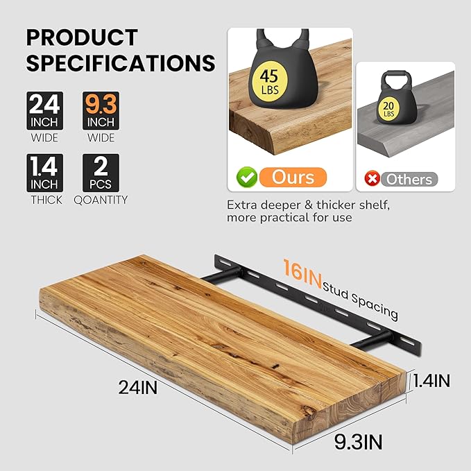 Fun Memories Floating Shelves for Wall, 24"x9.3" Solid Wood Floating Live Edge Shelf, Heavy-Duty Wall Shelf with Invisible Brackets, Set of 2 for Living Room, Bedroom, and Kitchen, Natural Finish