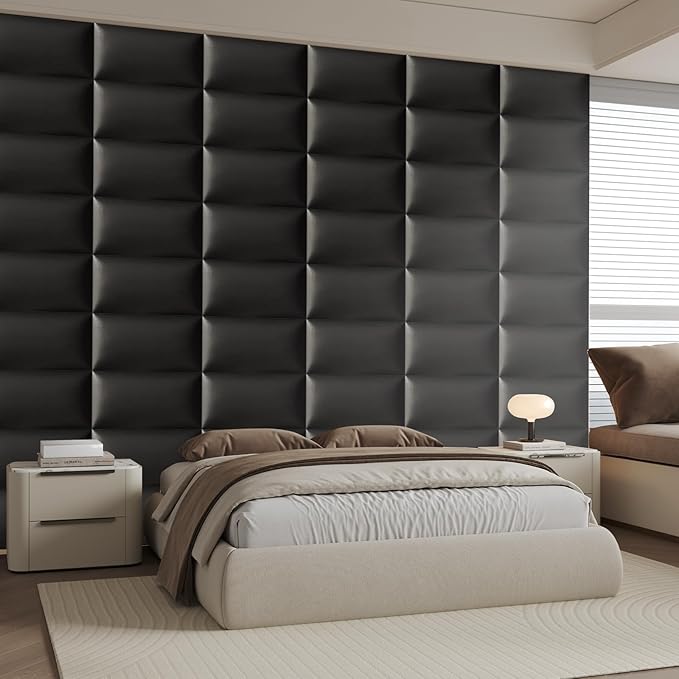 Black Stick-On Wall Mounted Headboard - 6-Piece Modular Bed Backboard for Queen Size Beds, 24 x 12 Inches Each, Easy-to-Install, Sound-Proofing, and Decorative Bed Headboard for Modern Bedrooms