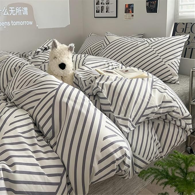 VM VOUGEMARKET Stripes Duvet Cover King,Instagram Style Geometric Duvet Cover with Zipper Ties 100% Cotton Modern Fashion Bedding Set for Men Women-King,Gray Stripes